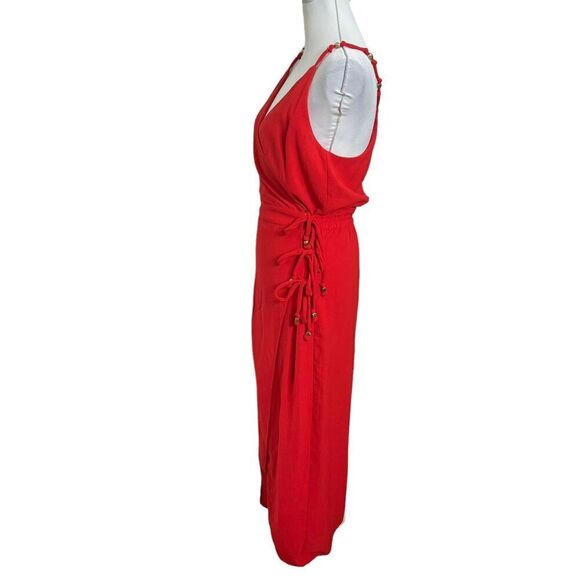 Vix Paula Hermanny Cyndi Wrap Midi Dress Women’s Size Large Red Crinkled Voile - Picture 3 of 13